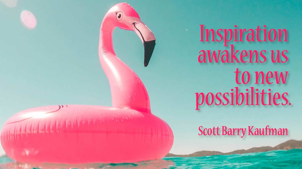 pink flamingo floaty in a pool with inspirational quote