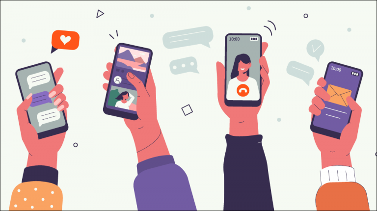 illustration of hands holding up phones with messaging app