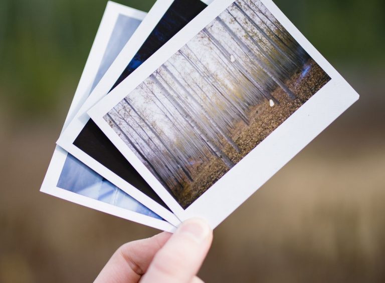 A hand holds a stack of printed photos.