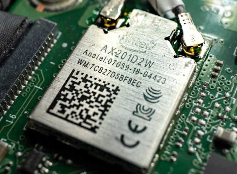 A Wi-Fi card on a motherboard.