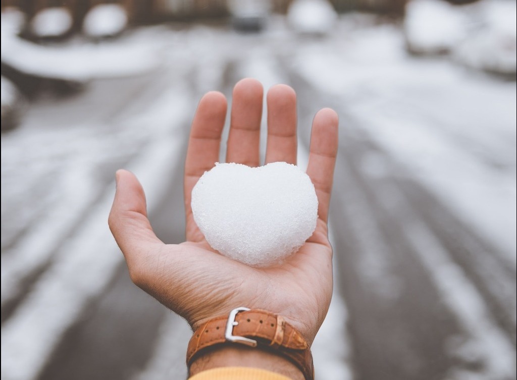 A person's hand holds a snowball in the shape of a heart.