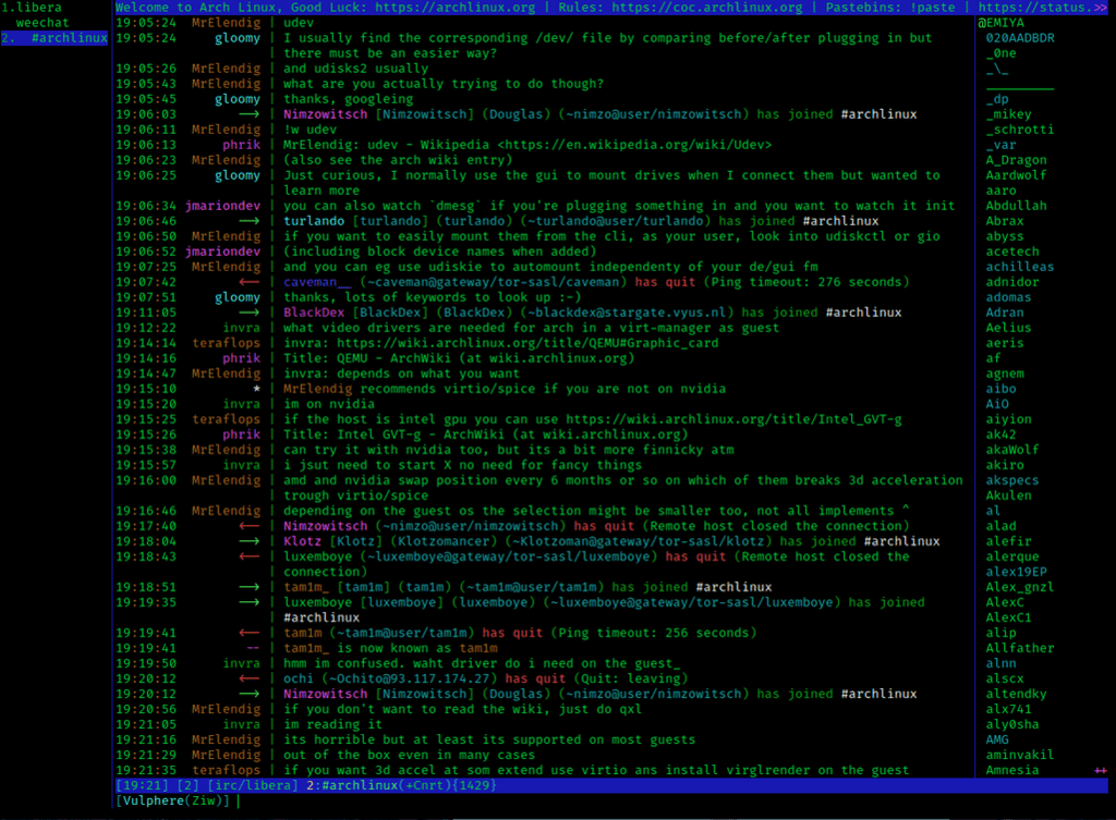 A screenshot of the WeeChat IRC client.