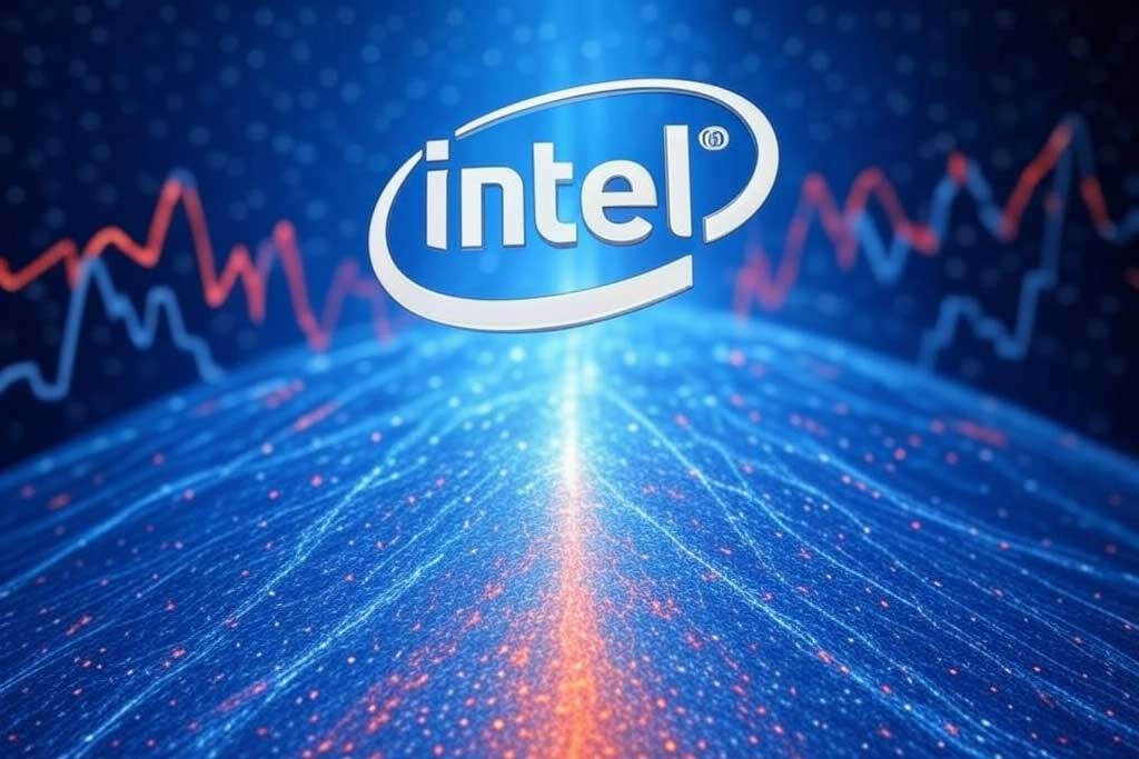 intel logo on futuristic background with stock graph