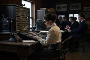 Woman sitting at a vintage switch board machine