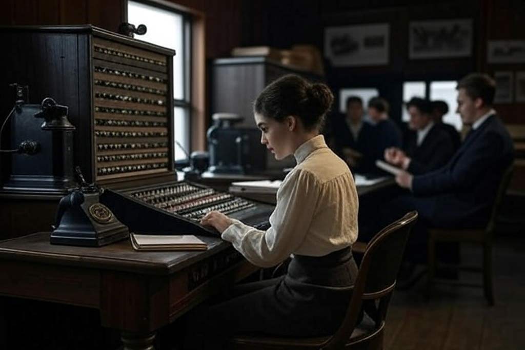 Woman sitting at a vintage switch board machine