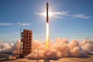 rocket launching from platform with blue sky