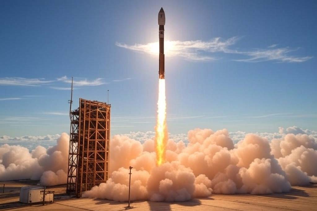 rocket launching from platform with blue sky